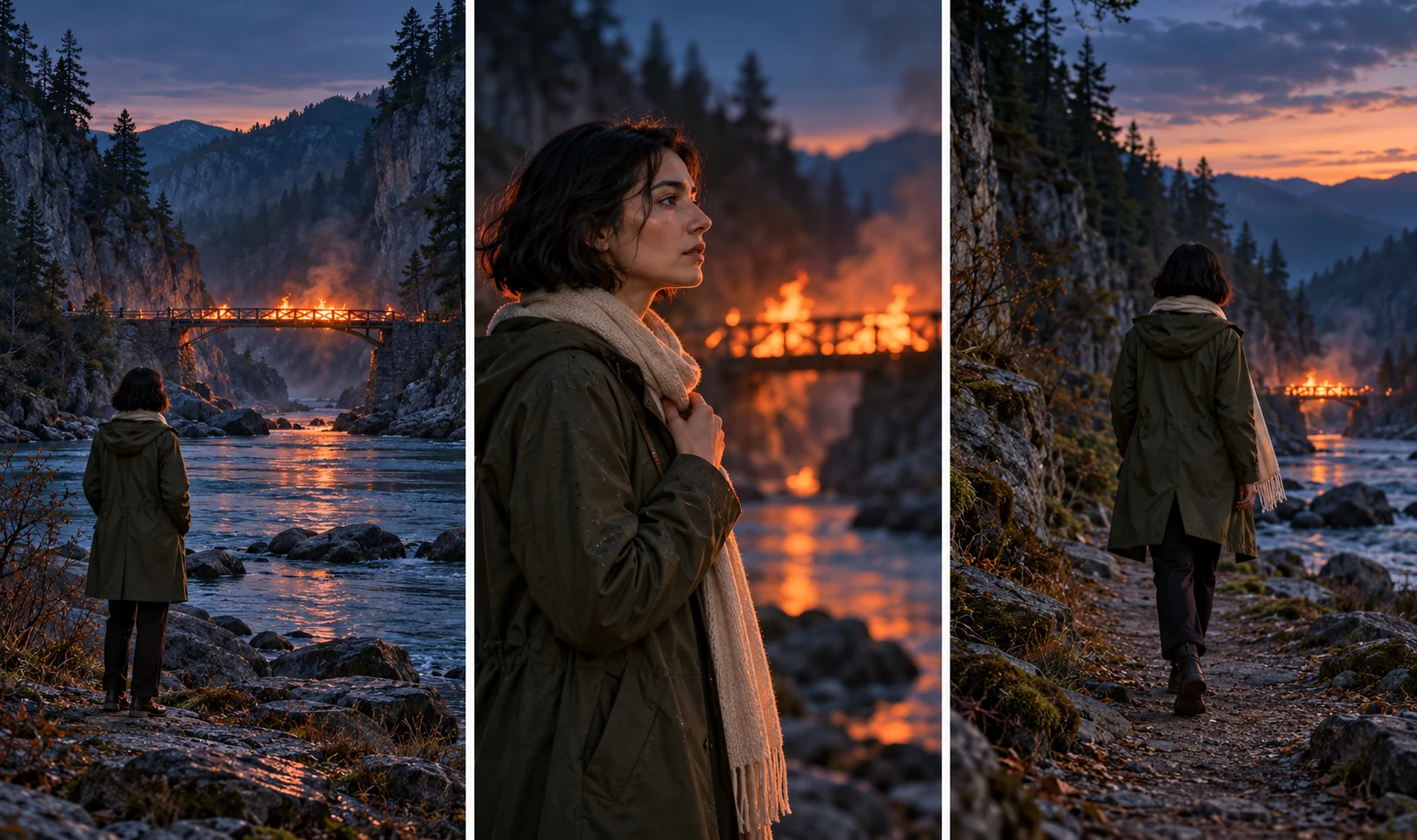 One fictional adult at a distant burning bridge, shown in three cinematic panels