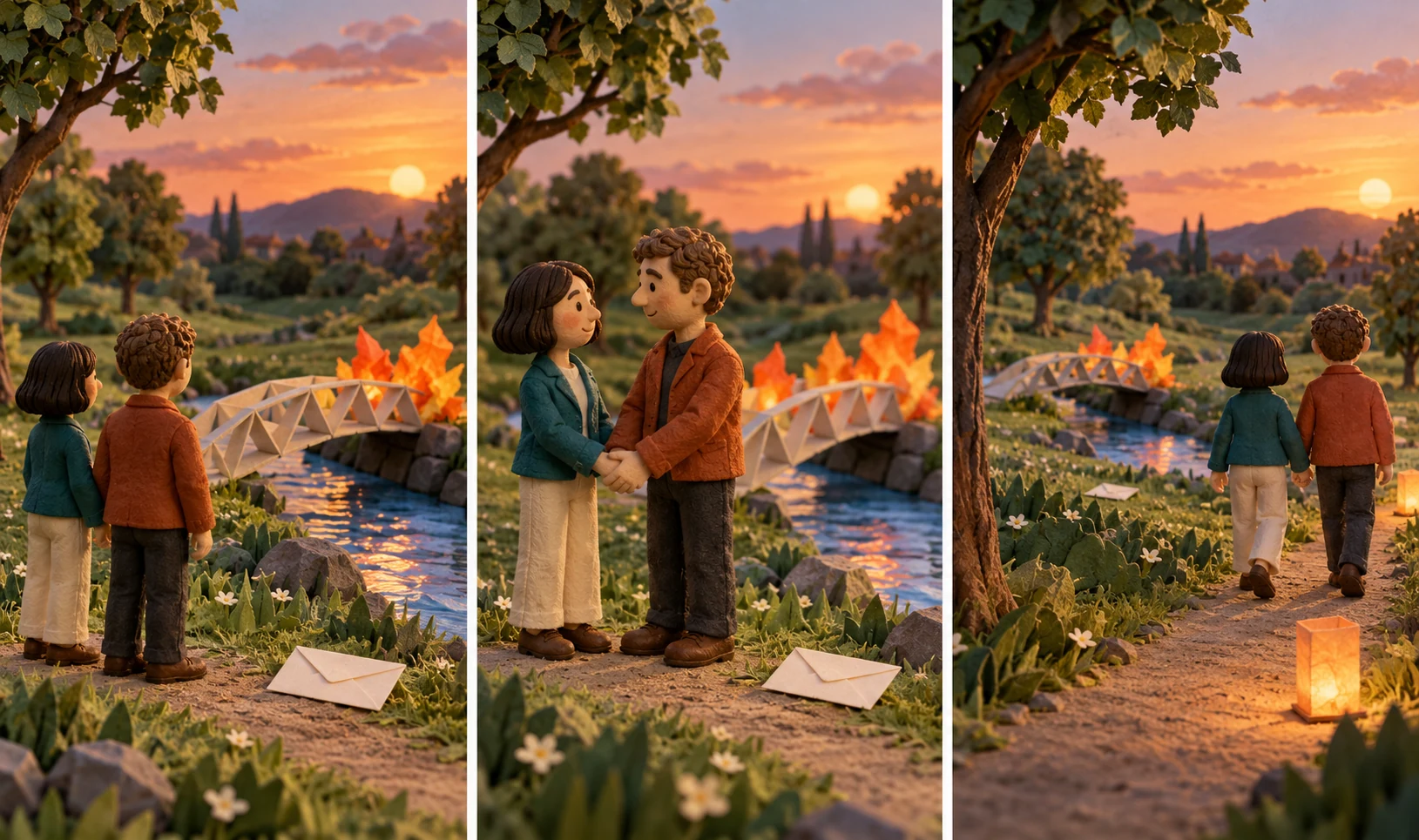 Two fictional adult clay characters leaving a paper bridge, shown in three panels